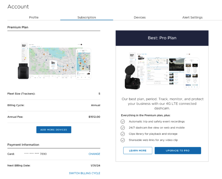 Upgrade and order options on subscription screen